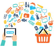 illustration of online customer purchasing items into ecommerce cart
