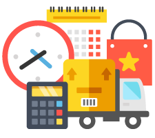 shipping solutions illustration with transportation truck, calculator, clock, calendar and shipment