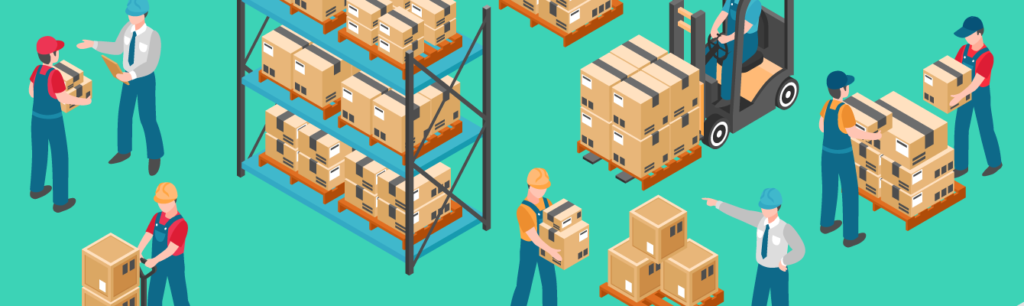 illustration of warehouse with logistic experts and managers working 
