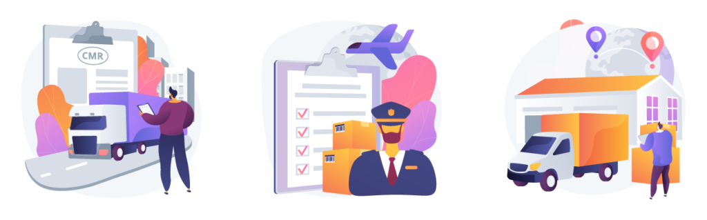 Illustrations representing CRM, Customs Agent and Cross Border shipping