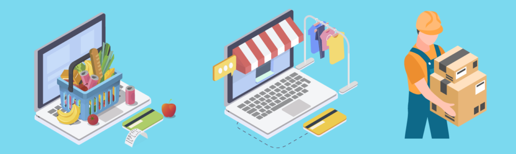 illustration of online purchasing with laptop and grocery cart to logistics shipment employee