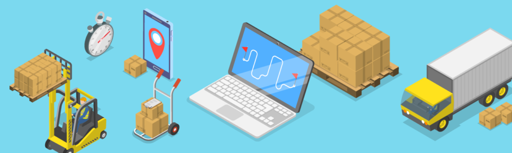 Cross-channel shipment illustration with forklift, shipment packages, laptop and transportation truck