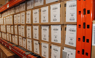 shelf in a logistics warehouse filled with packages