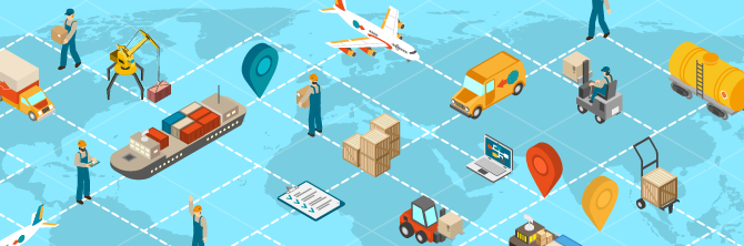 Graphic showing logistics across a world map